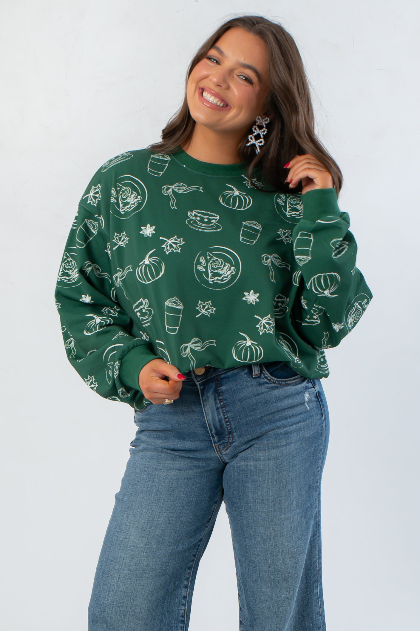 Pumpkin Pie Cutie Hunter Green Pullover Sweatshirt featuring white fall-themed graphics, ideal for a cozy seasonal wardrobe update.