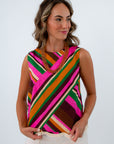 Fully lined colorful sleeveless top for fall fashion, colorful top with fringe detailing, subtle fringe tops