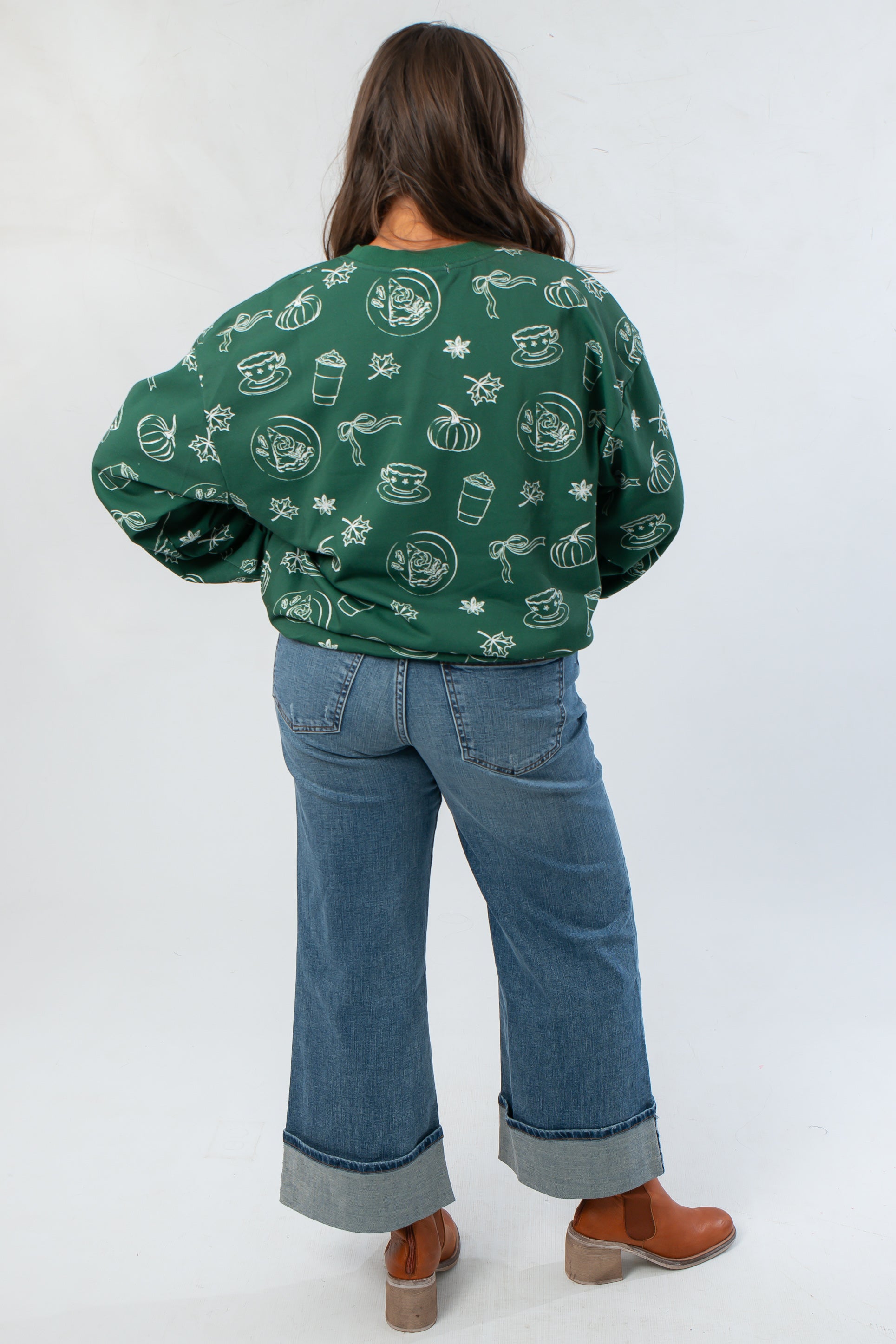 Back view of Pumpkin Pie Cutie Hunter Green Pullover Sweatshirt with whimsical autumn graphics, great for casual fall layering.