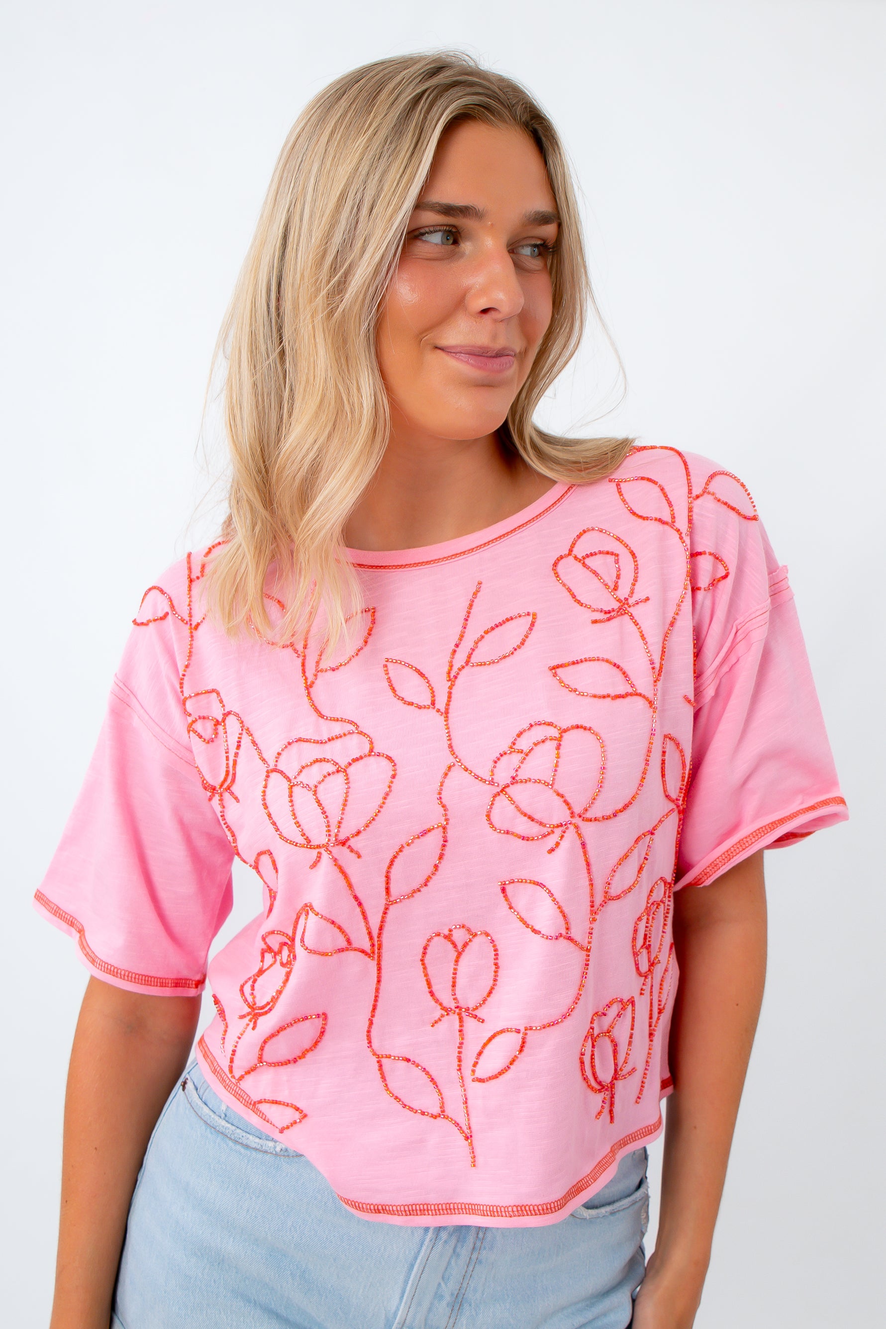 Blossoms Pink Beaded Floral T-shirt