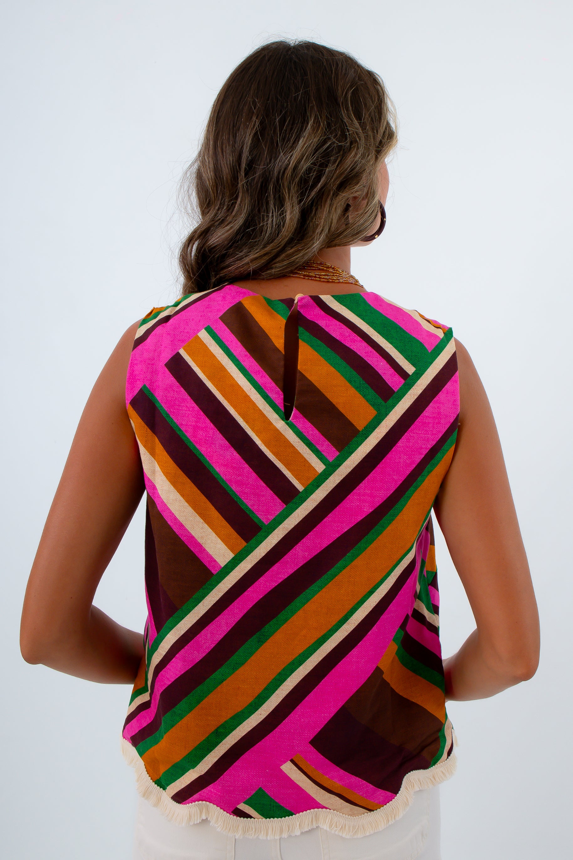 Brown multi-striped fall sleeveless top for workwear, pink green and orange tops, patterned sleeveless tops
