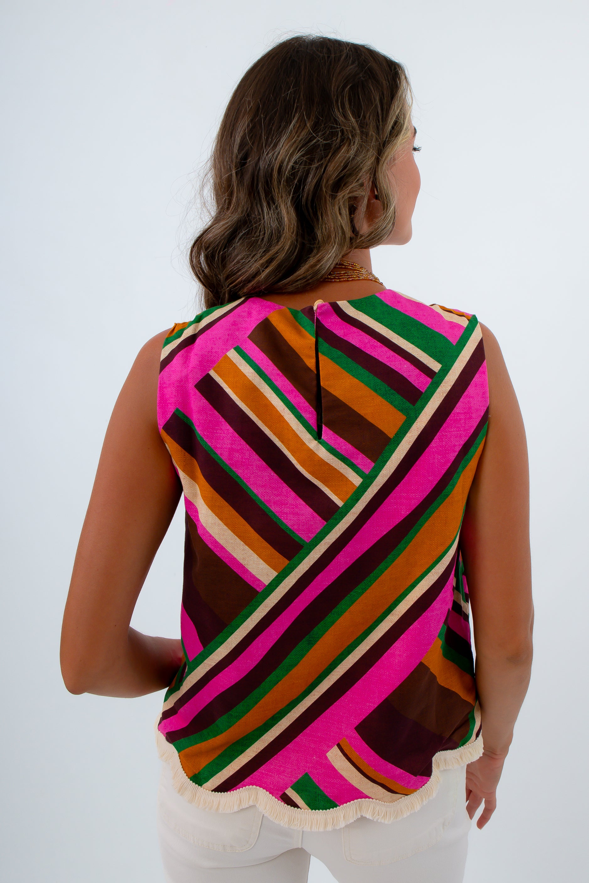 Colorful sleeveless top, fringe sleeveless tops, patterned tops, fall workwear, fall tops