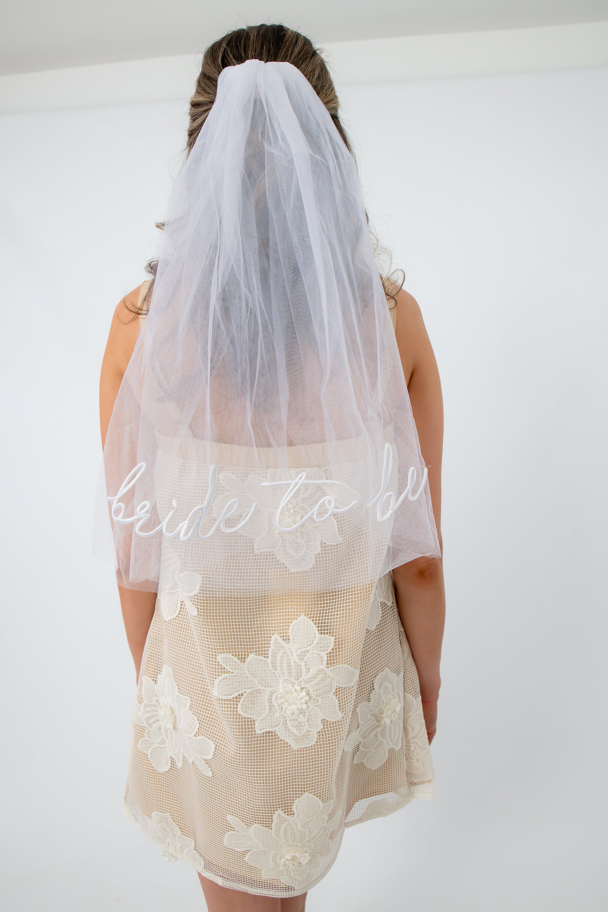 Bride To Be embroidered veil with delicate tulle and 'bride to be' script for bridal events
