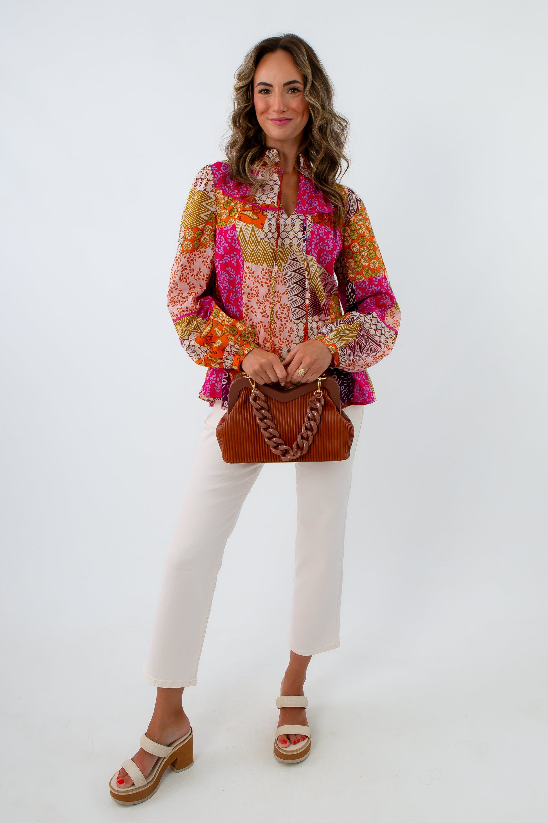 100% cotton fall workwear blouse with patchwork pattern, multicolored blouse for work, colorful long sleeve top