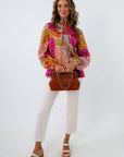 100% cotton fall workwear blouse with patchwork pattern, multicolored blouse for work, colorful long sleeve top
