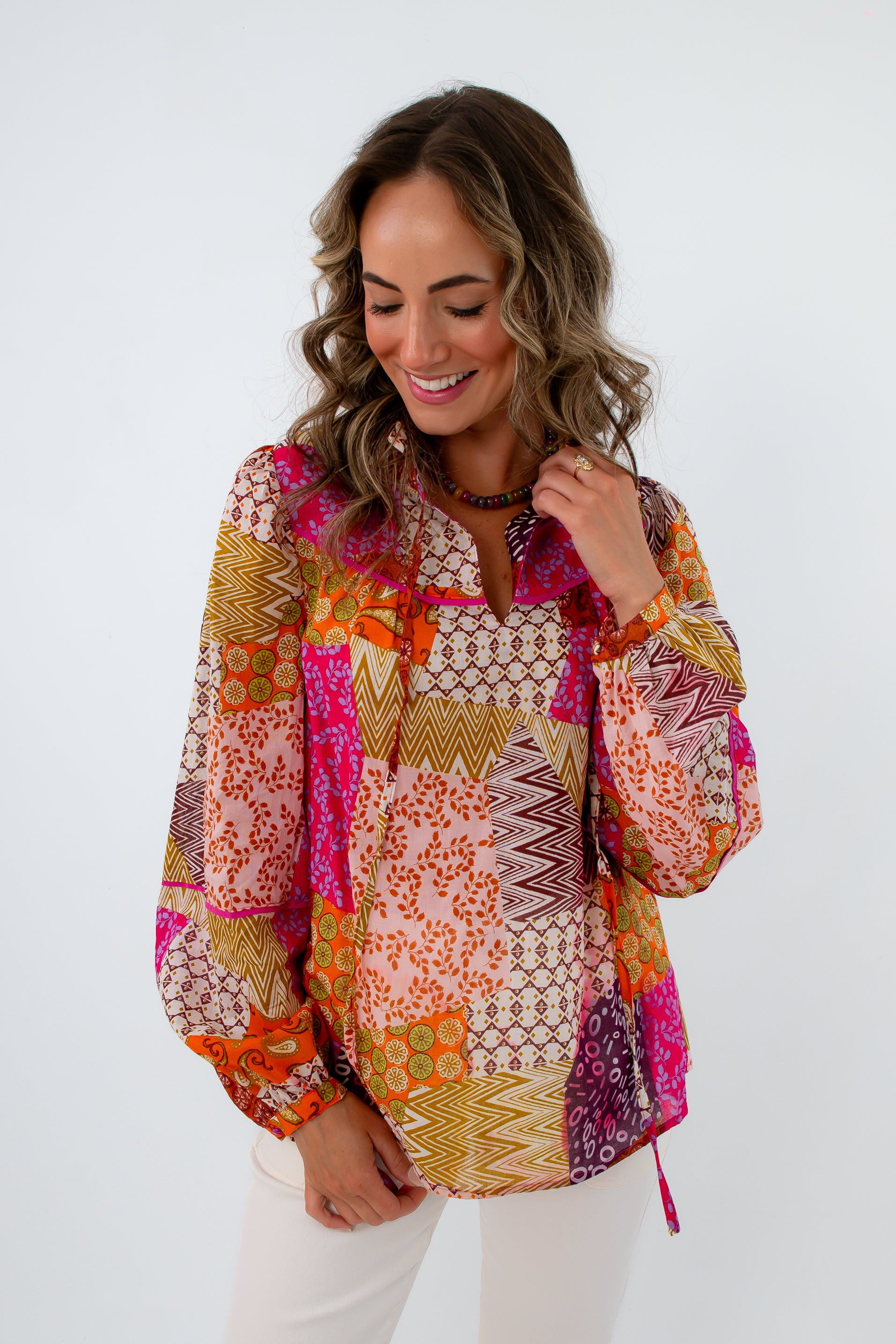 Casual multicolored patterned blouse for office and beyond, colorful long sleeve tops, 100% cotton blouse