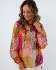 Casual multicolored patterned blouse for office and beyond, colorful long sleeve tops, 100% cotton blouse