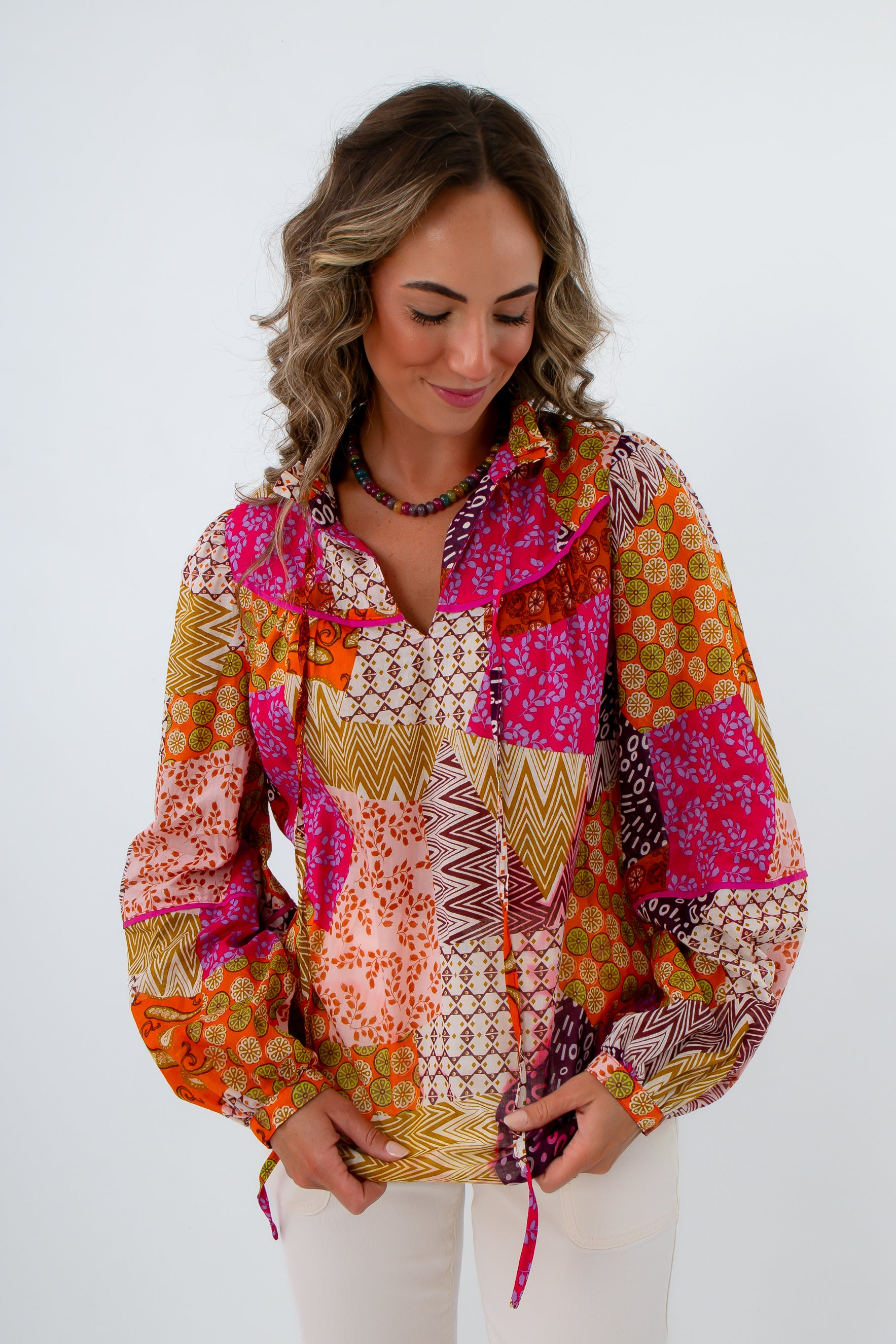 Lightweight multicolored blouse with ruffle collar, colorful blouse, patterned blouse, fun fall workwear, unique workwear