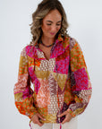 Lightweight multicolored blouse with ruffle collar, colorful blouse, patterned blouse, fun fall workwear, unique workwear