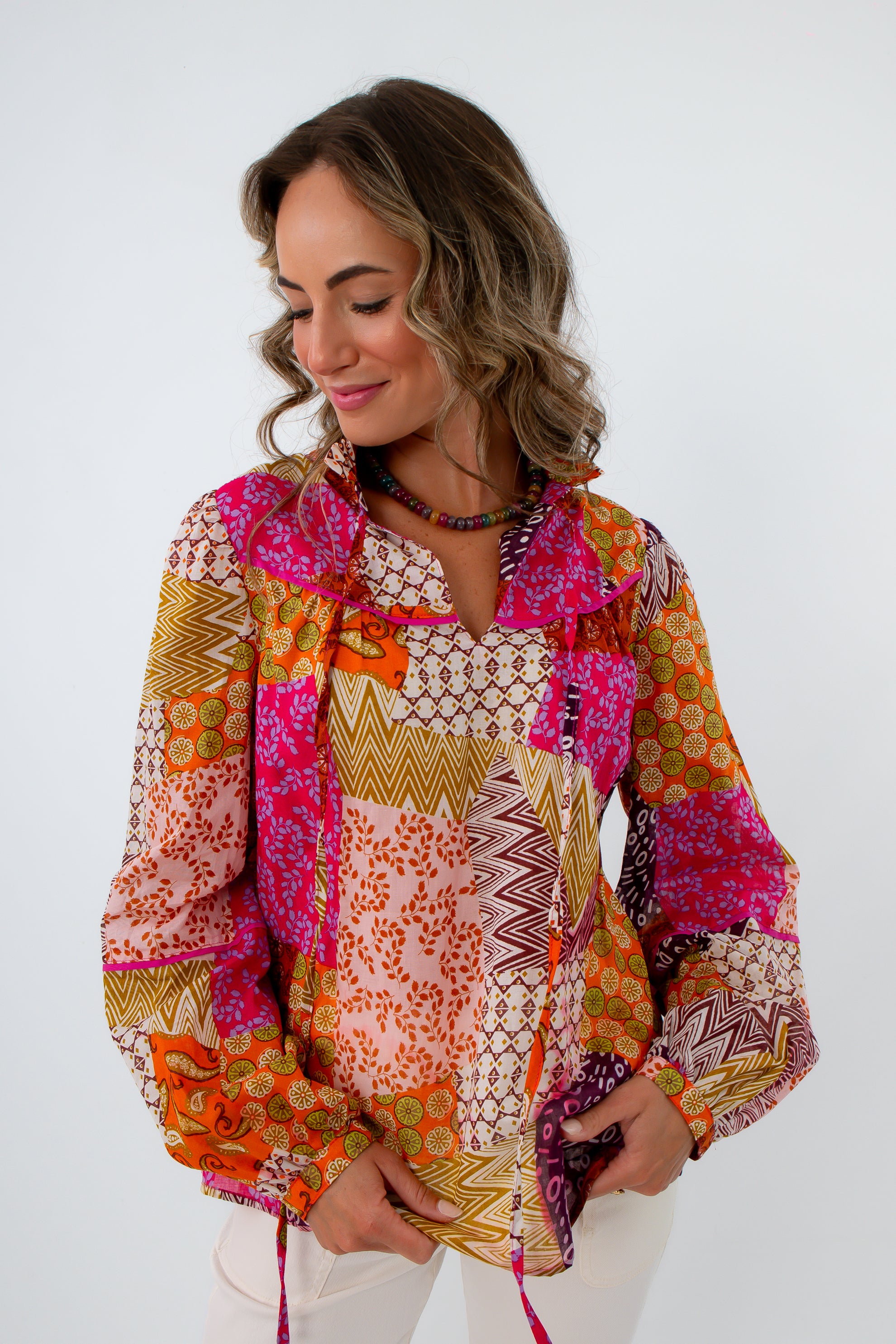 Jodie Colorful Patchwork Blouse for fun workwear, colorful workwear, patterned workwear, patchwork blouse