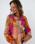 Jodie Colorful Patchwork Blouse for fun workwear, colorful workwear, patterned workwear, patchwork blouse
