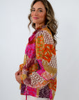Multicolored patterned blouse, patchwork blouse, fun blouses for work