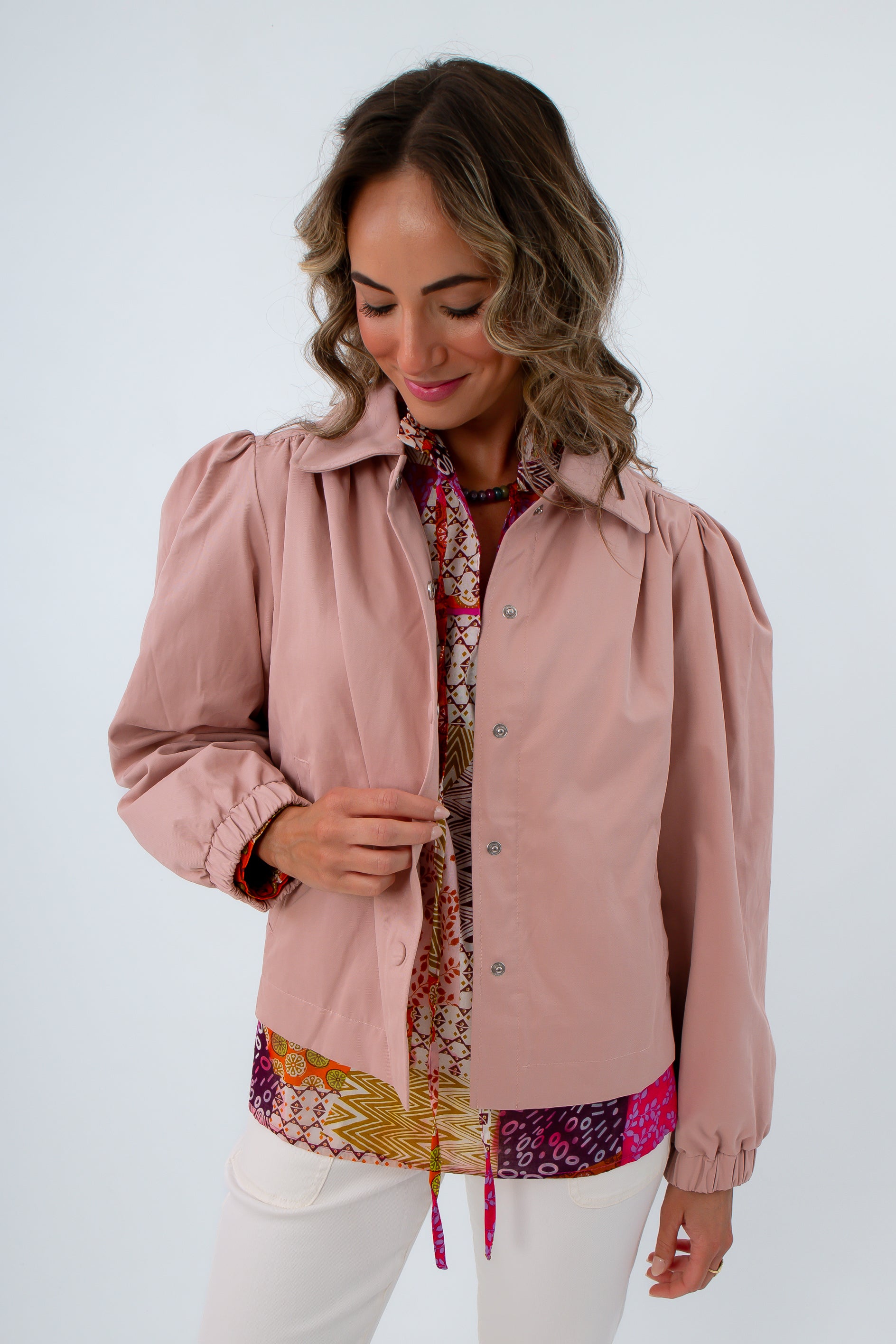 Chloe Blush Gathered Lightweight Jacket with snap buttons, pink lightweight jacket, fall jackets with pockets
