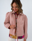 Chloe Blush Gathered Lightweight Jacket with snap buttons, pink lightweight jacket, fall jackets with pockets
