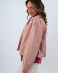 Lightweight fall jacket with collar and puff sleeves, pink lightweight jacket, fall layering pieces, fall outerwear