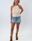 Sandbar Ruffle Halter Top with denim skort and boots