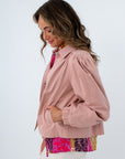Blush pink jacket perfect for layering in fall, pink jacket, pink jacket with puff sleeves, lightweight jacket with collar