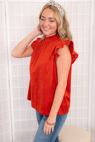 Daphne Rust Red Corduroy Ruffle Sleeve Top-Tops-Voy-L. Mae Boutique & Wild Mabel Clothing