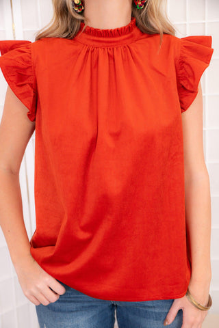 Daphne Rust Red Corduroy Ruffle Sleeve Top-Tops-Voy-L. Mae Boutique & Wild Mabel Clothing