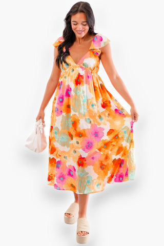 Darling Floral Orange Watercolor Ruffle Midi Dress-In February-L. Mae Boutique