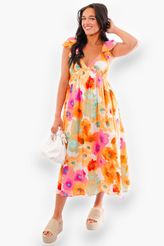 Darling Floral Orange Watercolor Ruffle Midi Dress-In February-L. Mae Boutique