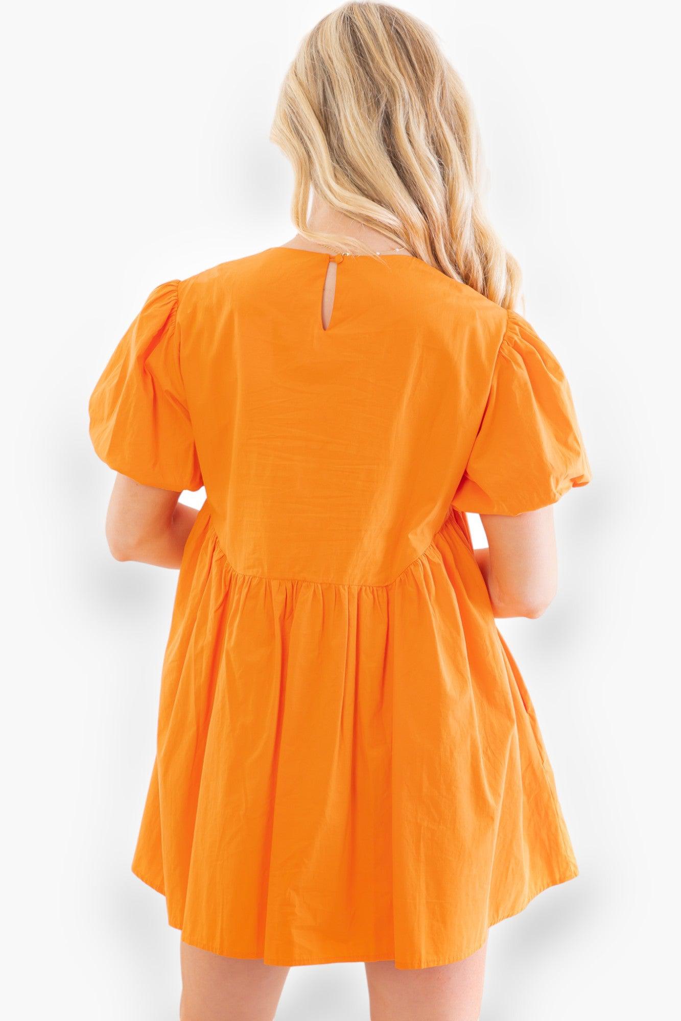 Date Night Orange Puff Sleeve Babydoll Mini Dress-Dresses-idem ditto-L. Mae Boutique &amp; Wild Mabel Clothing