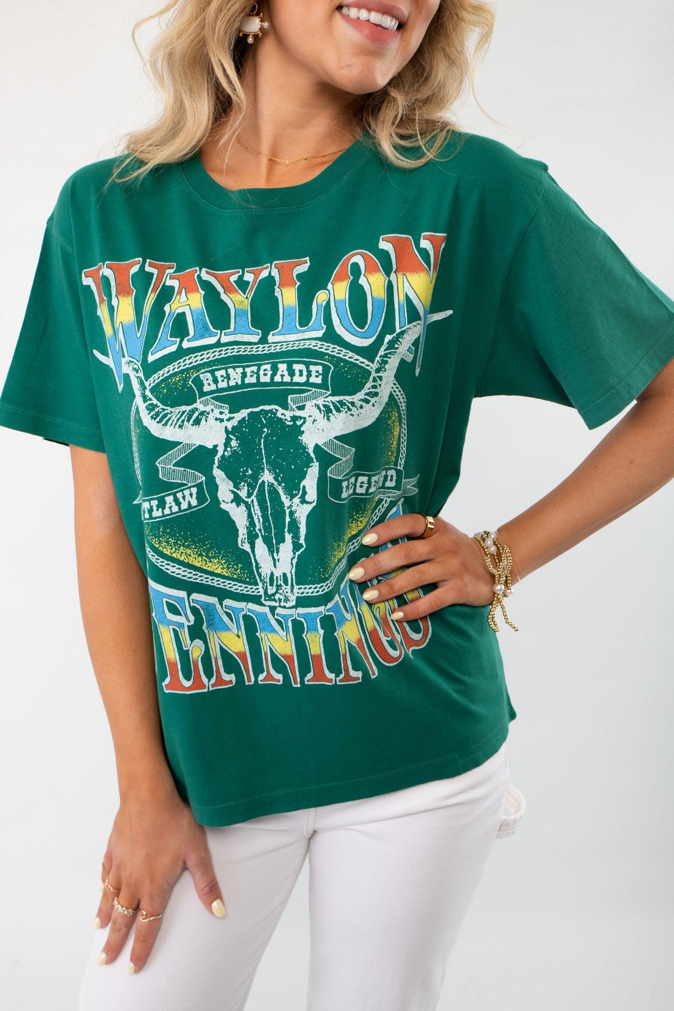 Daydreamer Green Waylon Jennings Outlaw Legend Graphic Tee-Tops-Daydreamer-L. Mae Boutique &amp; Wild Mabel Clothing