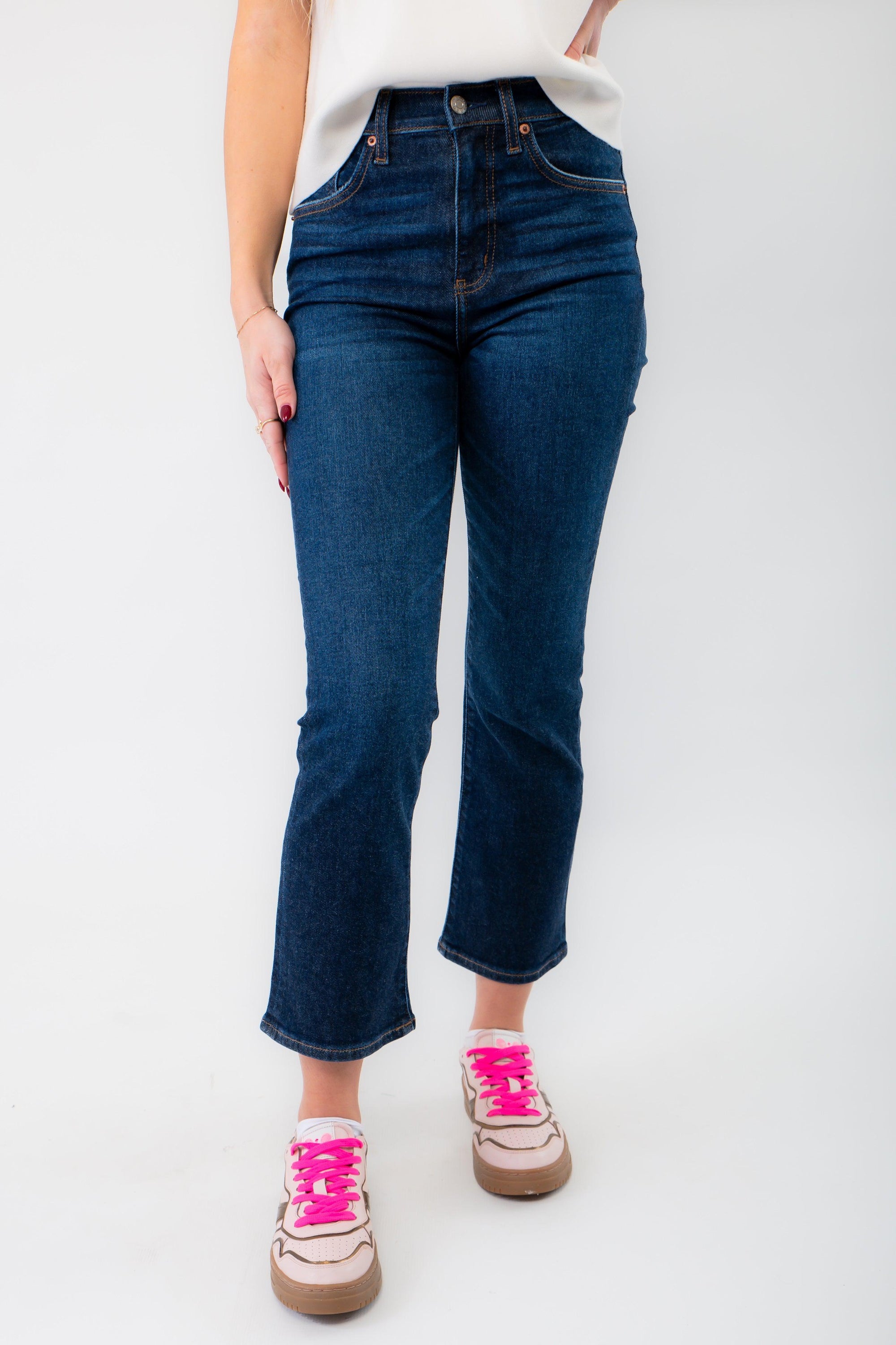 Daze Deep Kiss Shy Girl Crop Flare jeans in dark wash denim, featuring a flattering high-rise fit and clean hem for a timeless style.