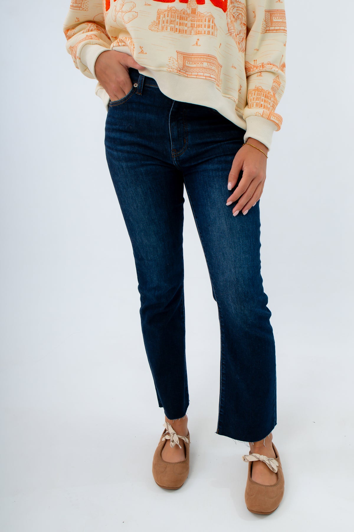 Cropped high-rise flare jeans in dark wash, women's dark wash jeans, soft and stretchy dark wash jeans