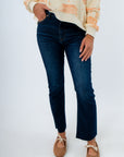 Cropped high-rise flare jeans in dark wash, women's dark wash jeans, soft and stretchy dark wash jeans