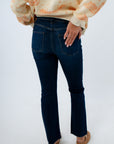 Stretchy high-rise dark denim flare jeans, Functional five-pocket cropped flare denim