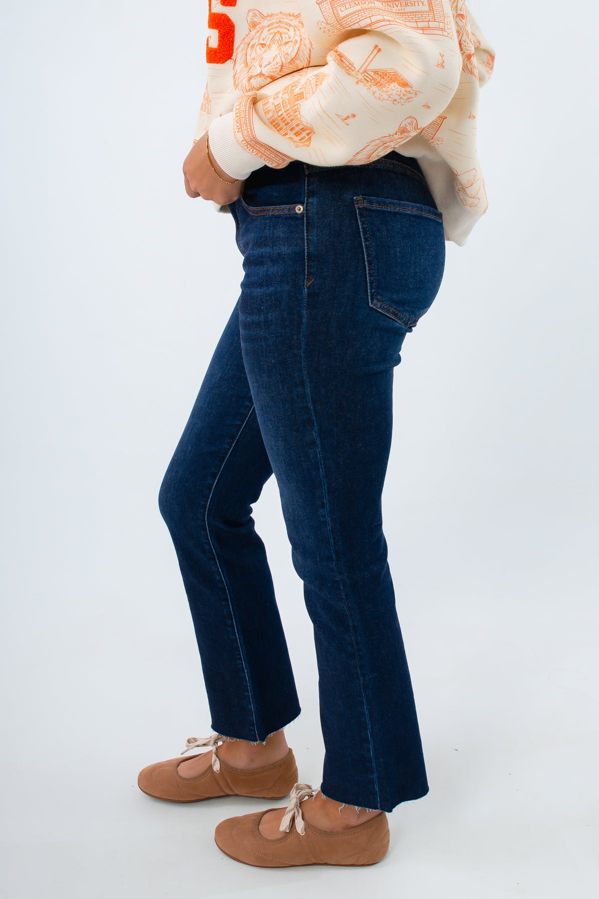 Women’s dark wash ankle crop flare jeans, women's high rise dark wash jeans, Daze Denim cropped jeans