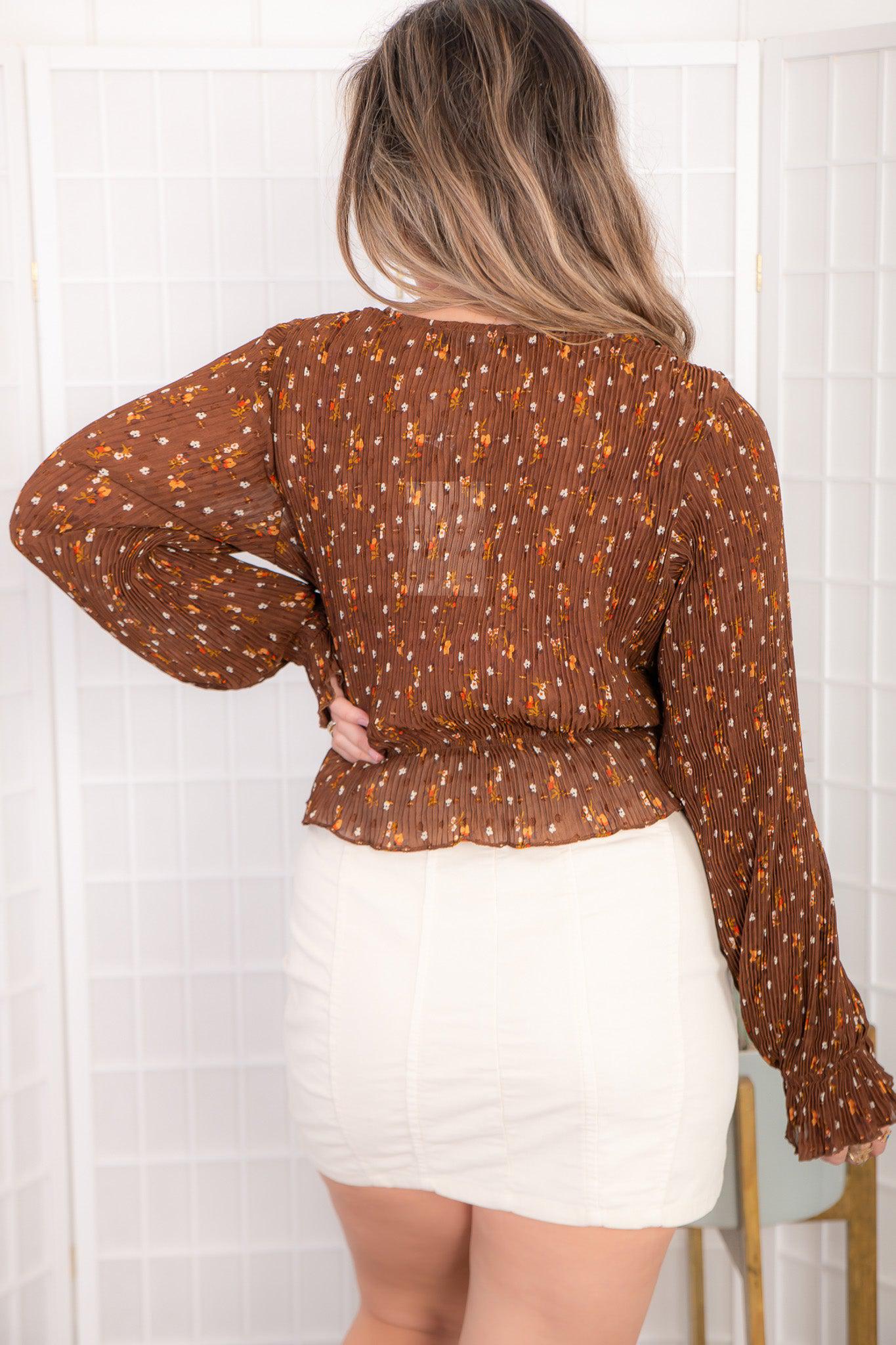 Dear One Brown Floral Print Plisse Wrap Top-Tops-Emory Park-L. Mae Boutique &amp; Wild Mabel Clothing