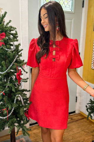 Deck the Halls Red Suede Bow Mini Dress-Dresses-Fate-L. Mae Boutique & Wild Mabel Clothing