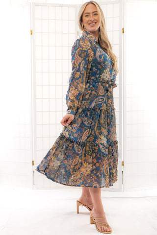 Denim Blue Paisley Print Button Down Midi Dress-& merci-L. Mae Boutique