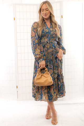 Denim Blue Paisley Print Button Down Midi Dress-& merci-L. Mae Boutique