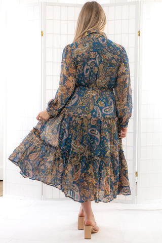 Denim Blue Paisley Print Button Down Midi Dress-& merci-L. Mae Boutique