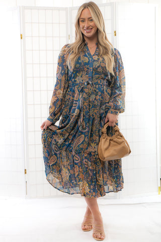 Denim Blue Paisley Print Button Down Midi Dress-Dresses-& merci-L. Mae Boutique & Wild Mabel Clothing