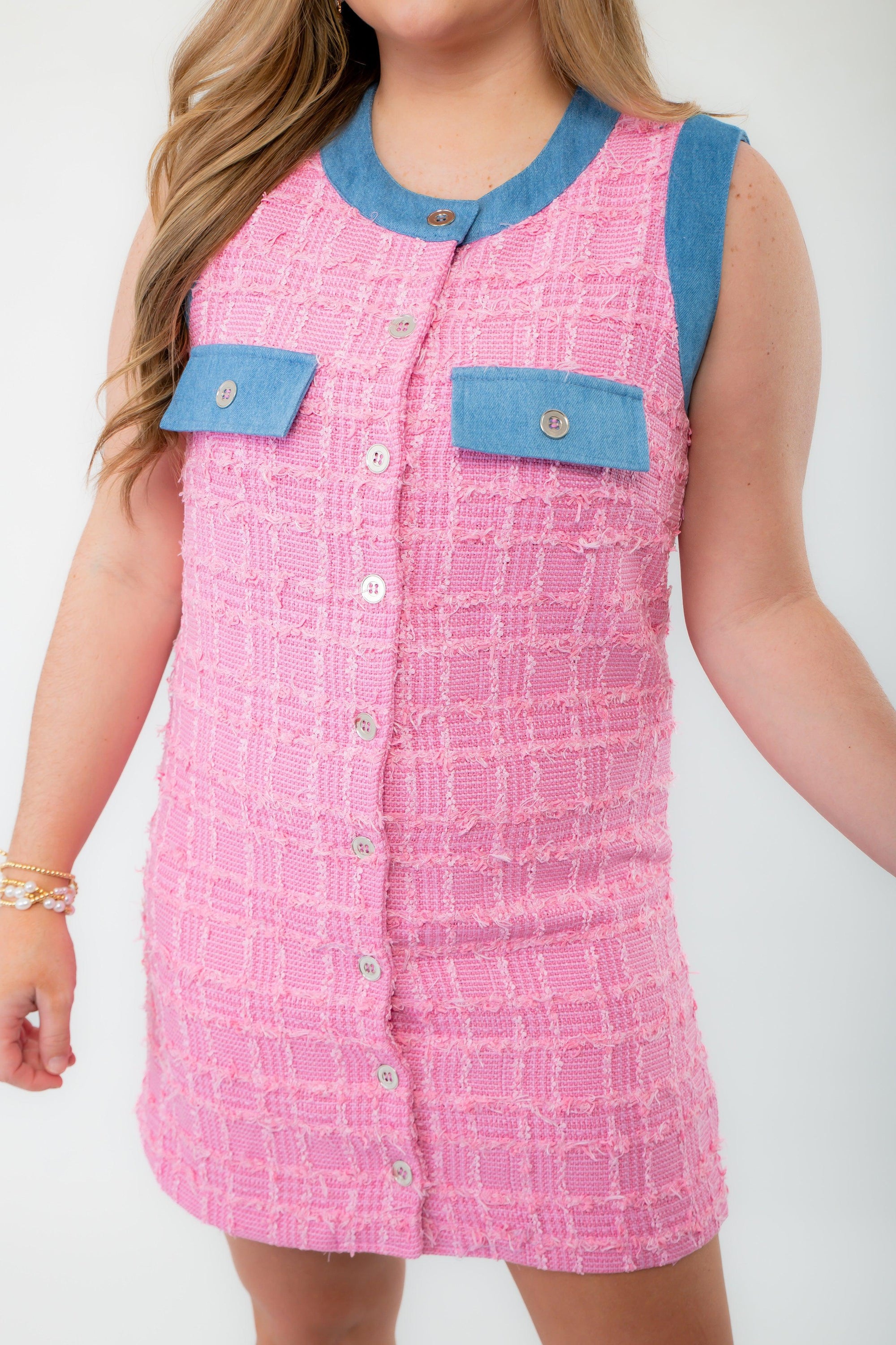 Denim Darling Pink Tweed Dress-Dresses-Heyson-L. Mae Boutique & Wild Mabel Clothing