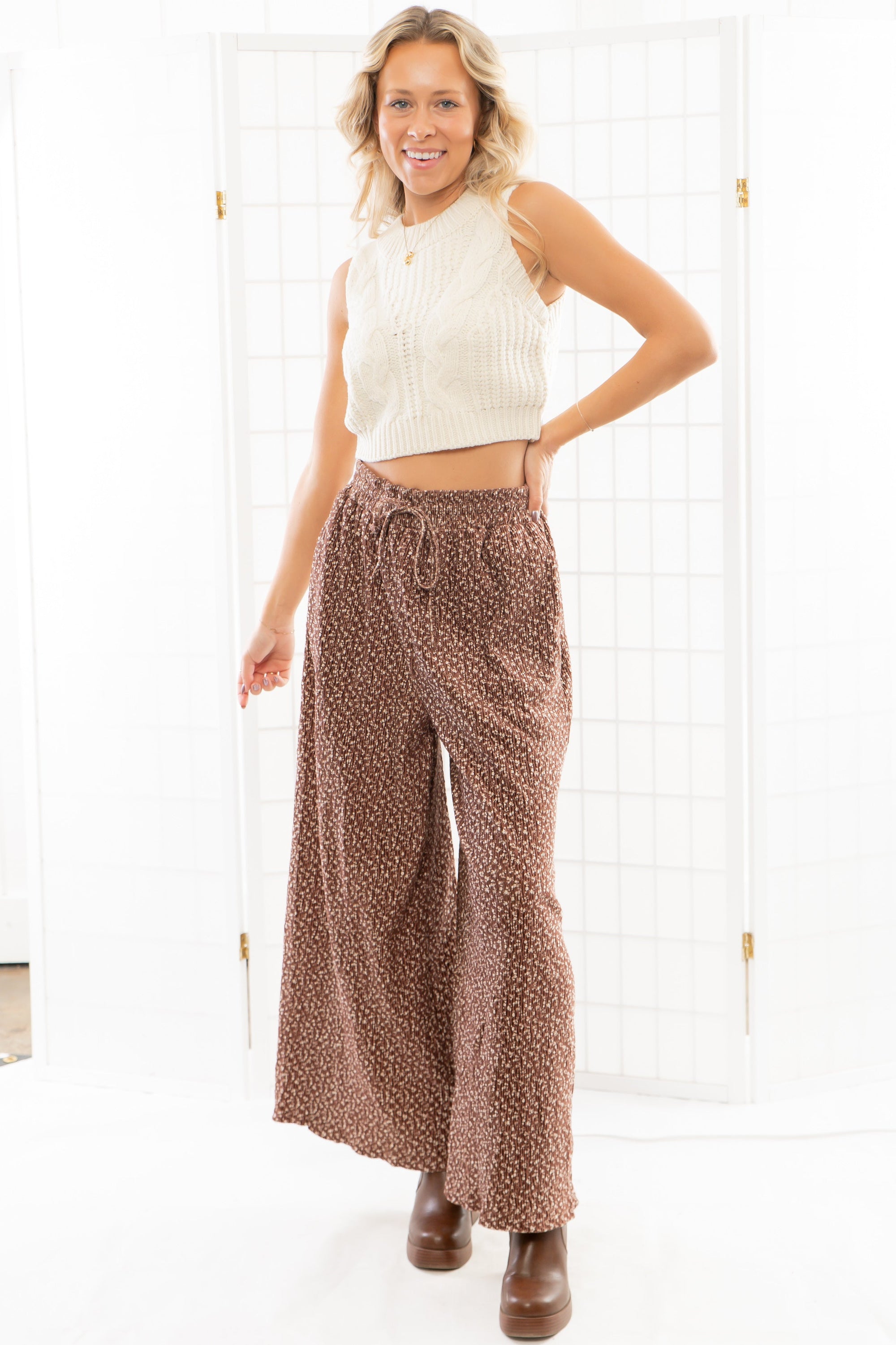 Ditzy Daisy Brown Floral Wide Leg Pants-Bottoms-In February-L. Mae Boutique & Wild Mabel Clothing