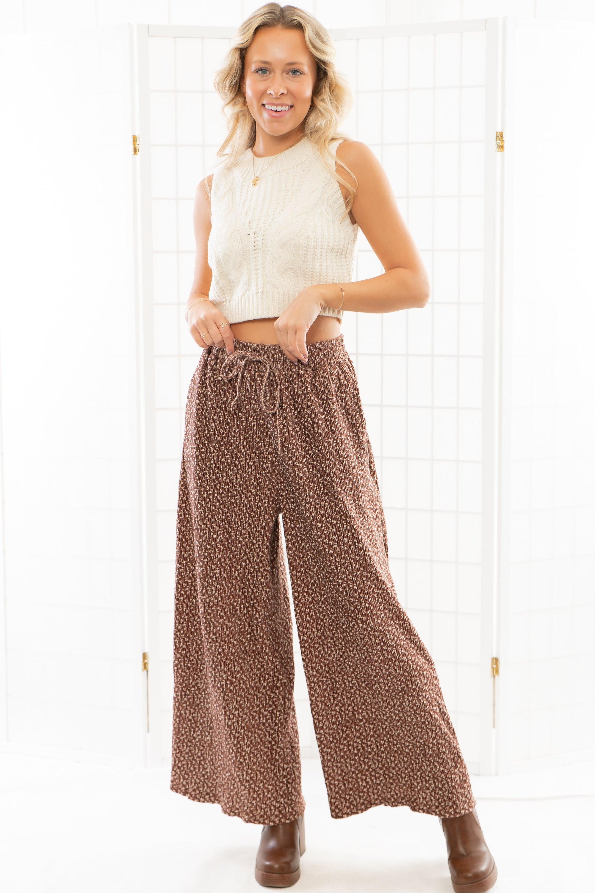 Ditzy Daisy Brown Floral Wide Leg Pants-Bottoms-In February-L. Mae Boutique &amp; Wild Mabel Clothing