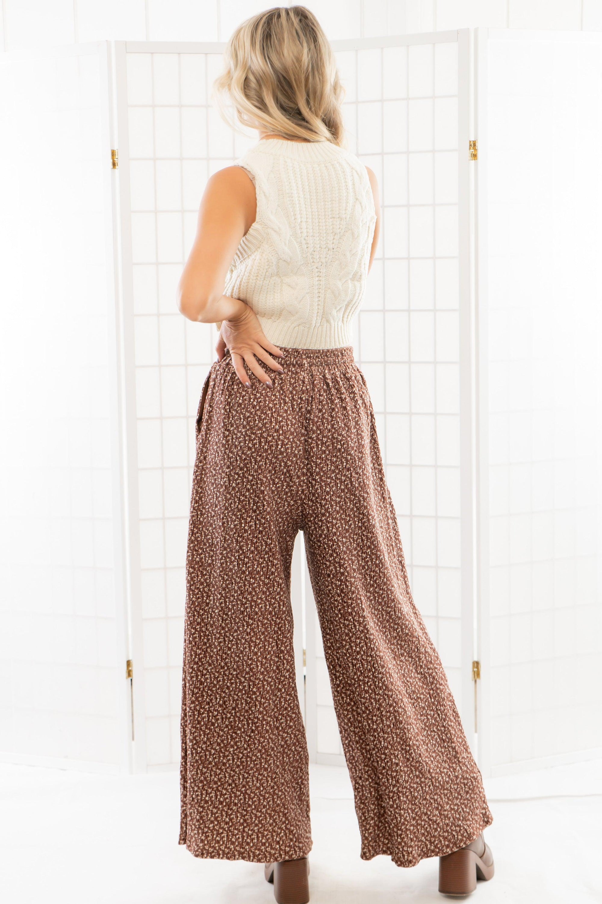 Ditzy Daisy Brown Floral Wide Leg Pants-Bottoms-In February-L. Mae Boutique &amp; Wild Mabel Clothing