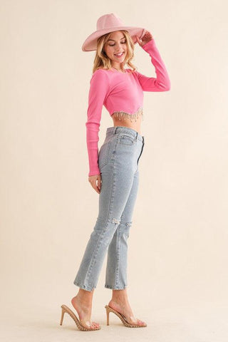 Dolly Days Studded Rhinestone Crop Flare Jeans - Pink & Black-Bottoms-Blue B-L. Mae Boutique & Wild Mabel Clothing