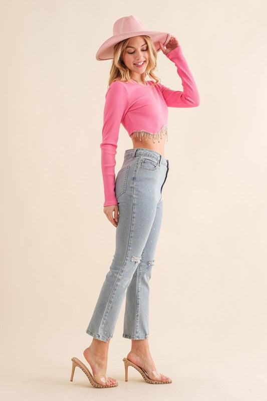 Dolly Days Studded Rhinestone Crop Flare Jeans - Pink &amp; Black-Bottoms-Blue B-L. Mae Boutique &amp; Wild Mabel Clothing