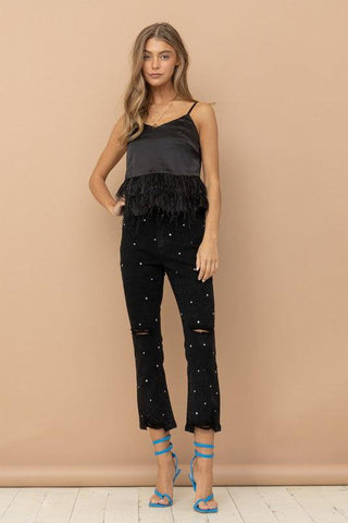 Dolly Days Studded Rhinestone Crop Flare Jeans - Pink & Black-Bottoms-Blue B-L. Mae Boutique & Wild Mabel Clothing