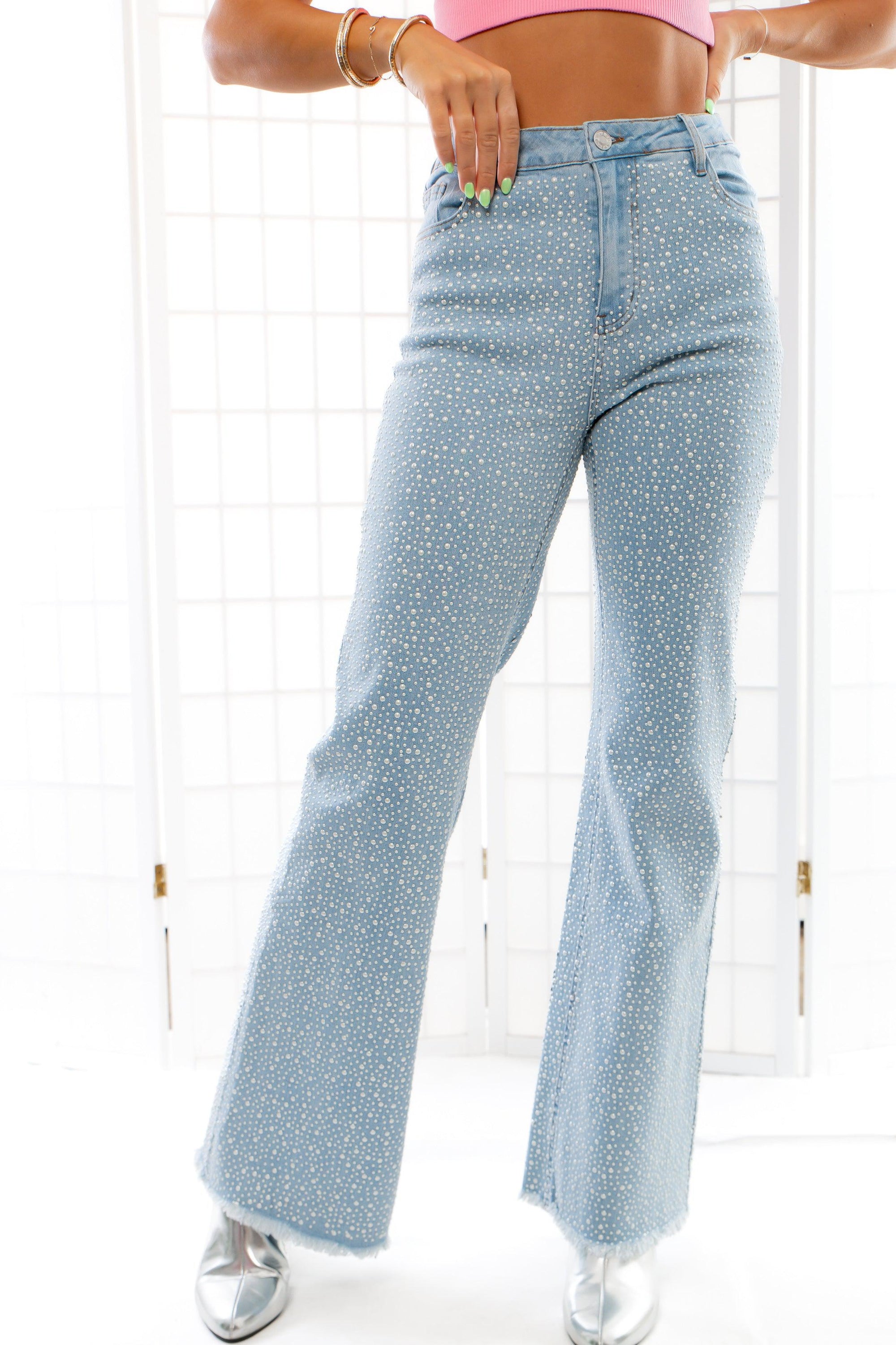 Don&#39;t Need Much Pearl Studded Denim Flare-Bottoms-Blue B-L. Mae Boutique &amp; Wild Mabel Clothing