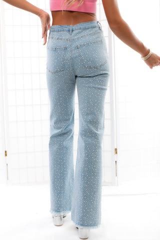 Don't Need Much Pearl Studded Denim Flare-Bottoms-Blue B-L. Mae Boutique & Wild Mabel Clothing