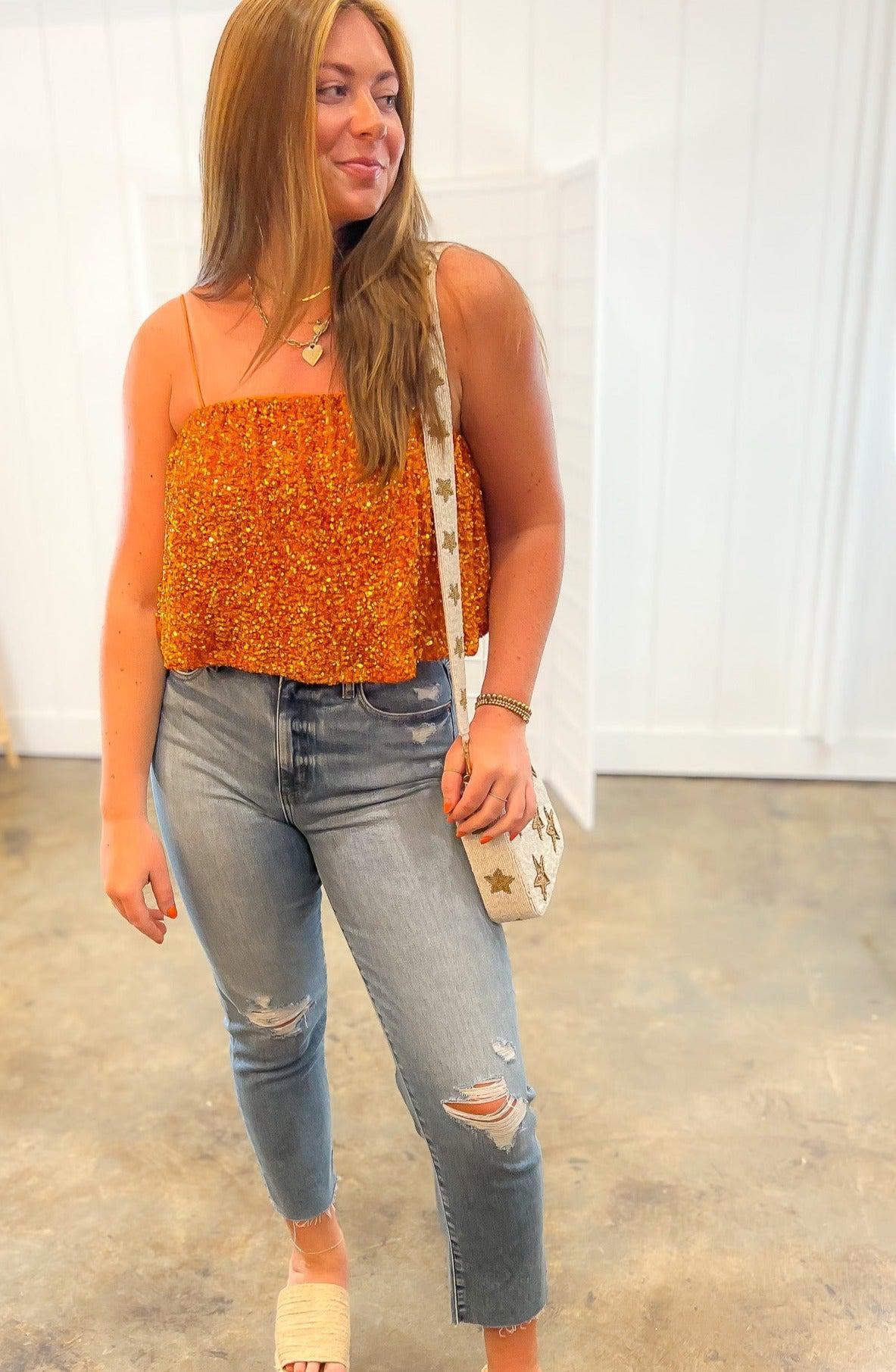 Dream Team Orange Sequin Tank Top-Tops-TCEC-L. Mae Boutique & Wild Mabel Clothing