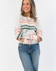 Mountain Top Stripe Knit Sweater featuring soft knit texture, colorful horizontal stripes, and relaxed fit ideal for cold weather layering.