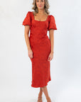 Jacquard Brick Puff Sleeve Satin Midi Dress